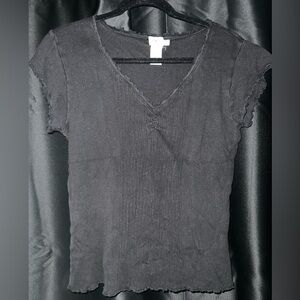 Calvin Klein Jeans Black V-Neck Cap Sleeve Fitted Ribbed Top